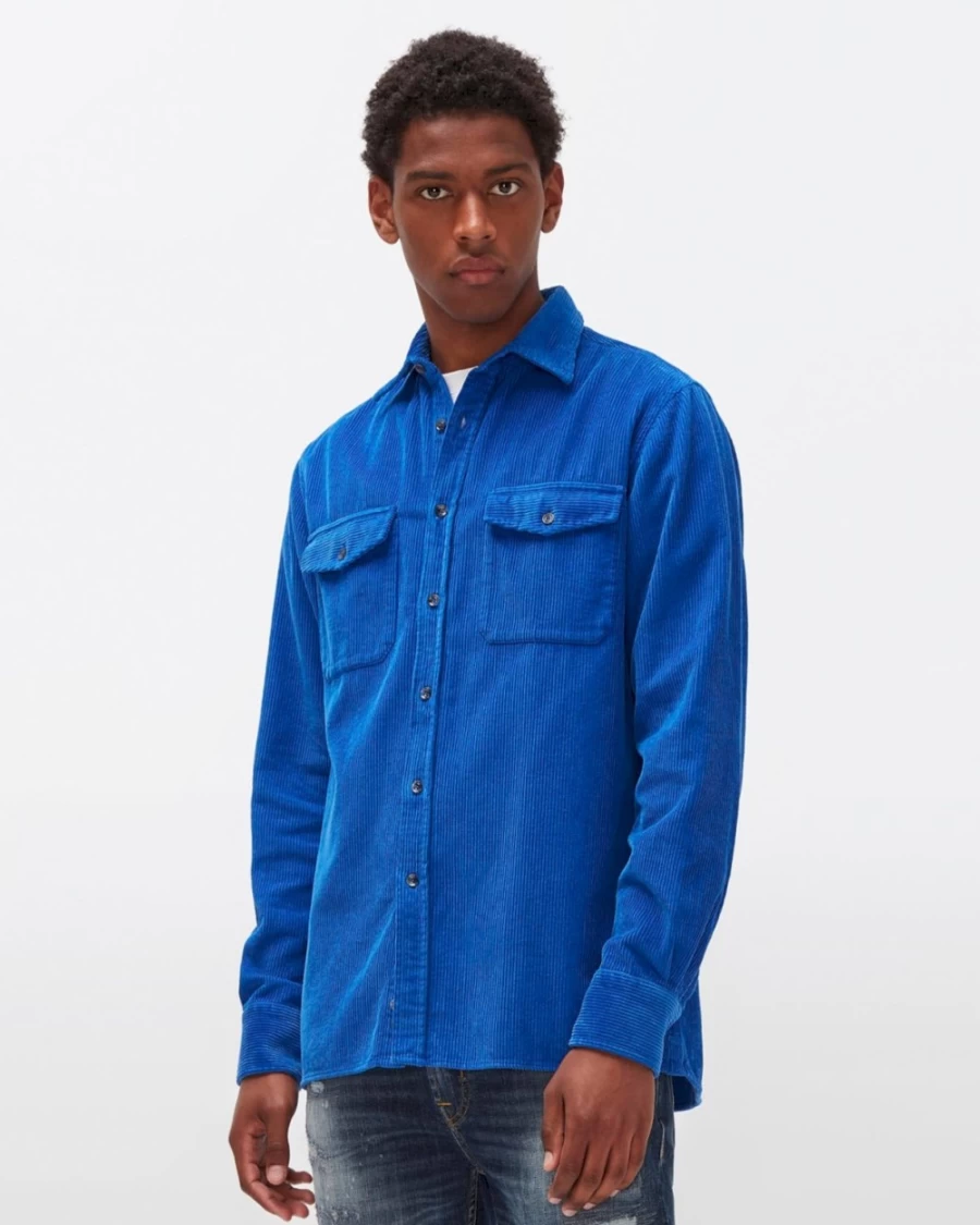 7 For All Mankind Men's Electric Blue Corduroy Overshirt - Stylish Casual Button-Up Shirt