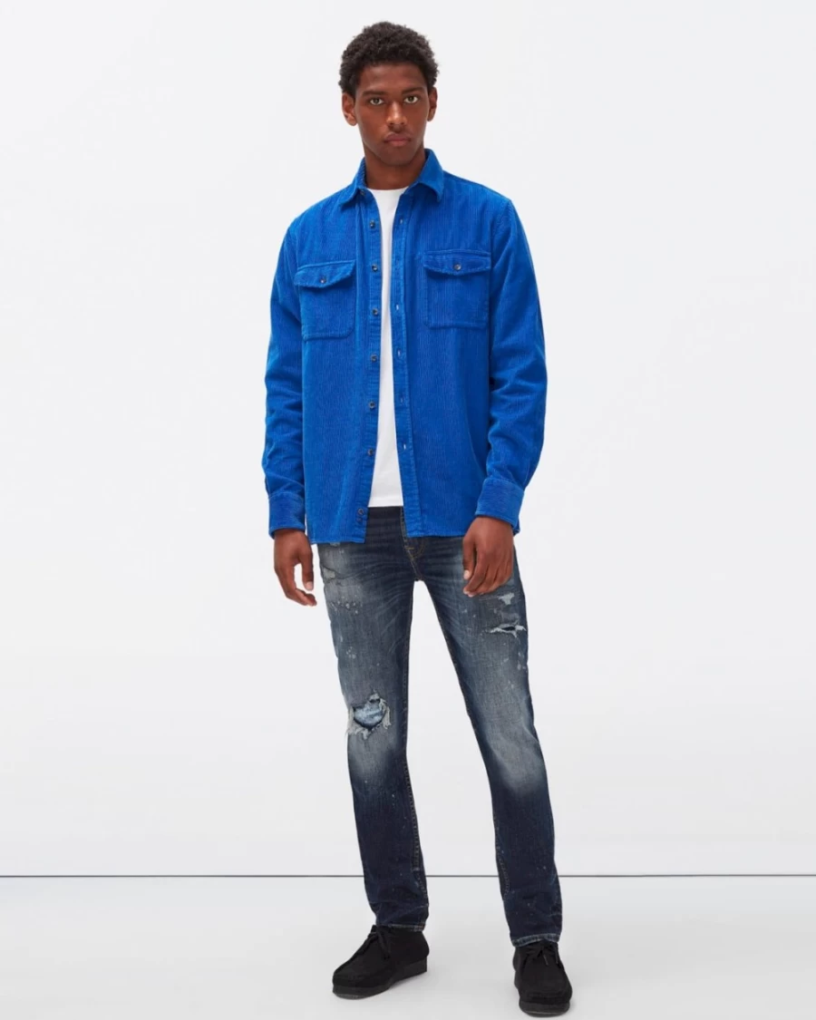 7 For All Mankind Men's Electric Blue Corduroy Overshirt - Stylish Casual Button-Up Shirt