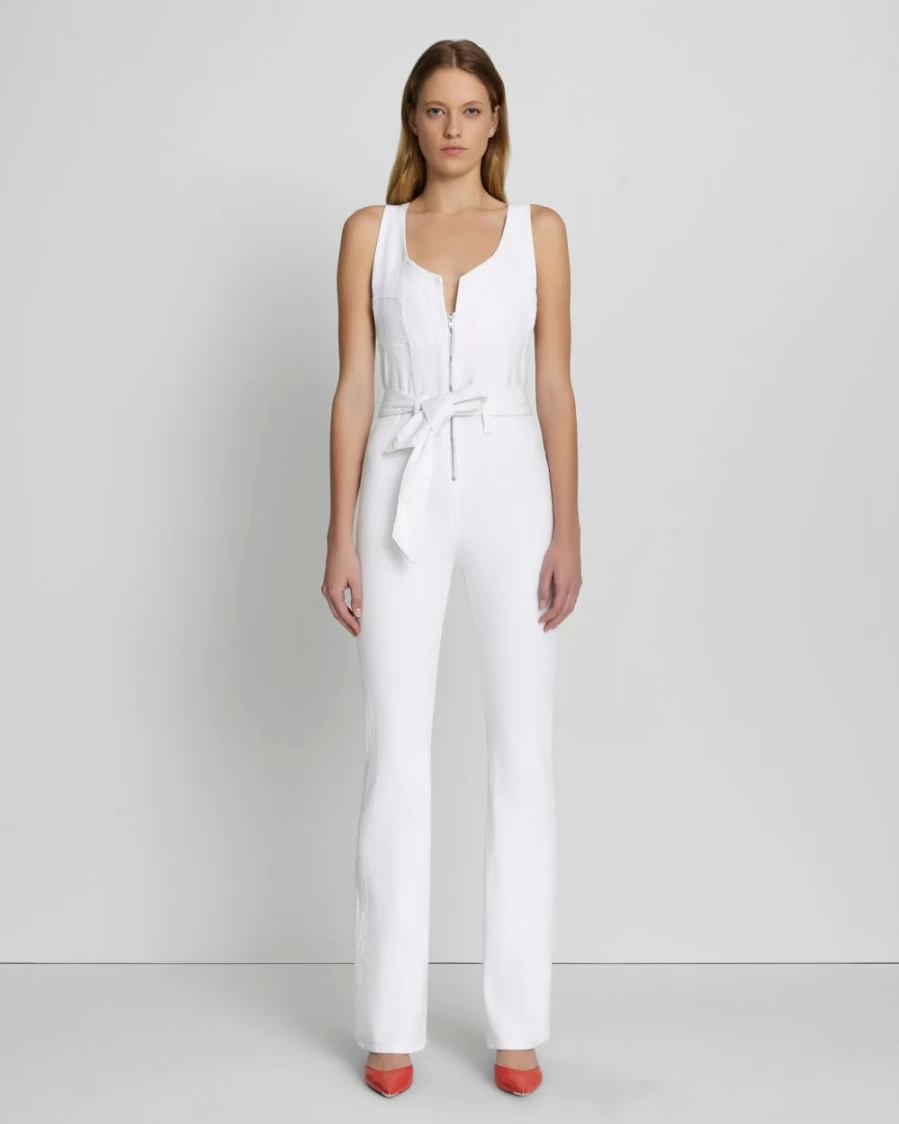 7 For All Mankind Women's Brilliant White Front Zip Flare Jumpsuit - Stylish One Piece Romper
