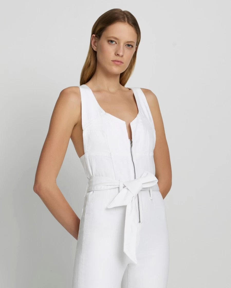 7 For All Mankind Women's Brilliant White Front Zip Flare Jumpsuit - Stylish One Piece Romper
