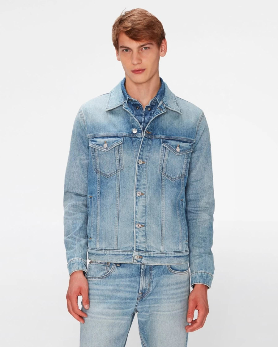 7 For All Mankind Men's Perfect Trucker Jacket - Waterfall Wash Denim Style