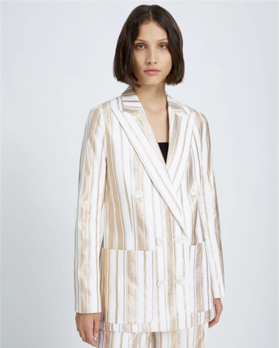 7 For All Mankind Women's Shine Blazer - Cream & Gold Striped Elegant Jacket