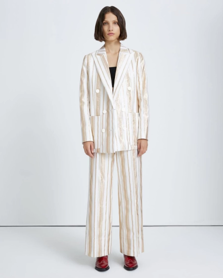 7 For All Mankind Women's Shine Blazer - Cream & Gold Striped Elegant Jacket