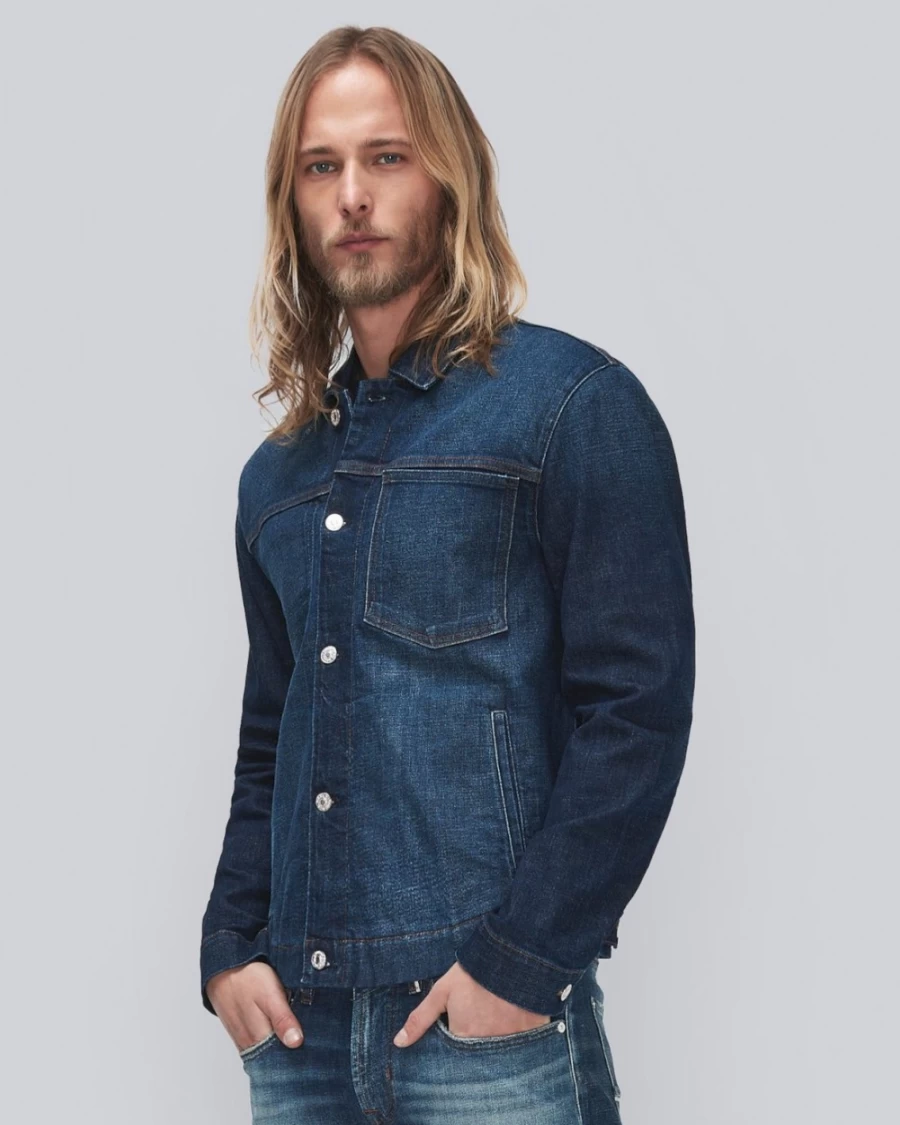 7 For All Mankind Men's Selvedge Denim Mojo Trucker Jacket in Frontier Wash