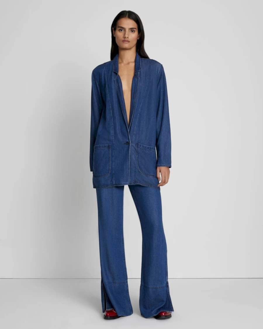 7 For All Mankind Women's Dark Indigo Denim Blazer - Stylish Easy Fit Lustre Jacket