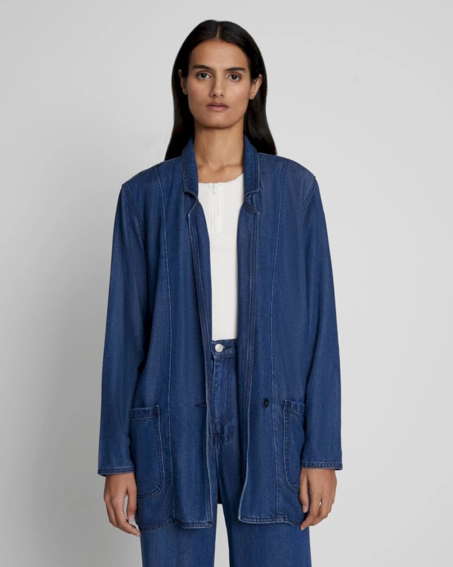 7 For All Mankind Women's Dark Indigo Denim Blazer - Stylish Easy Fit Lustre Jacket