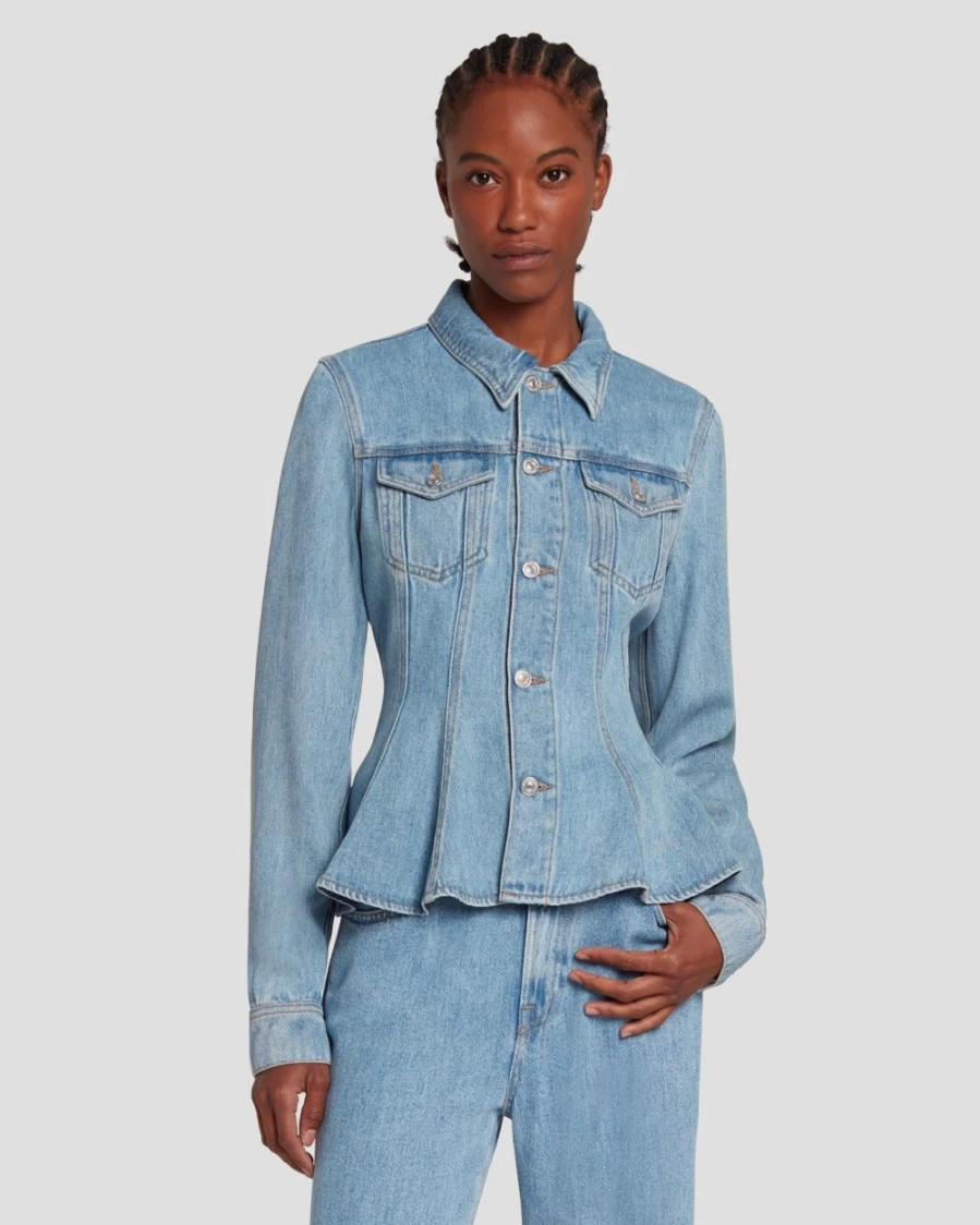 7 For All Mankind Women's Volcan Blue Denim Trucker Jacket - Distressed Wash & Slim Fit