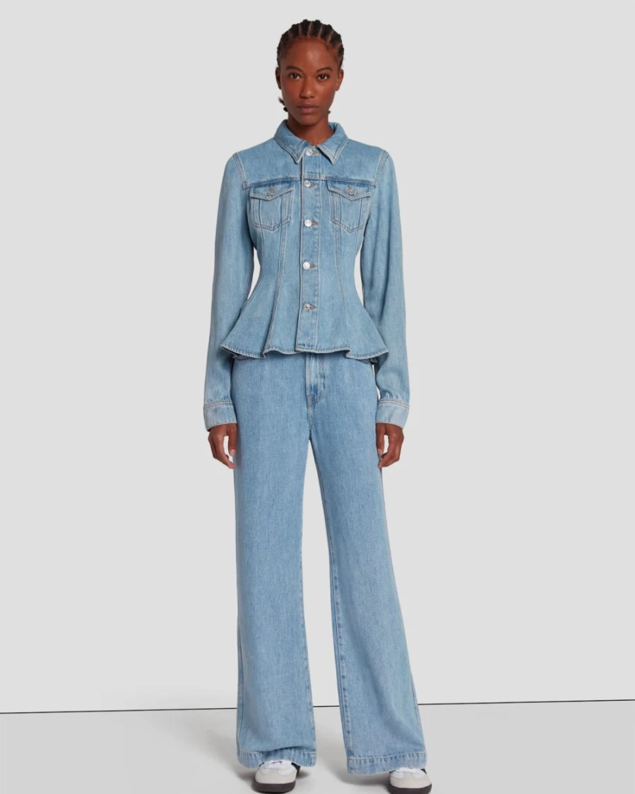 7 For All Mankind Women's Volcan Blue Denim Trucker Jacket - Distressed Wash & Slim Fit