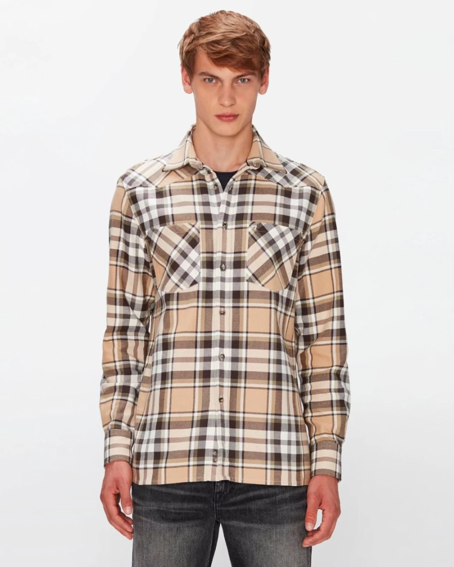 7 For All Mankind Men's Western Check Overshirt - Neutral Plaid Casual Shirt