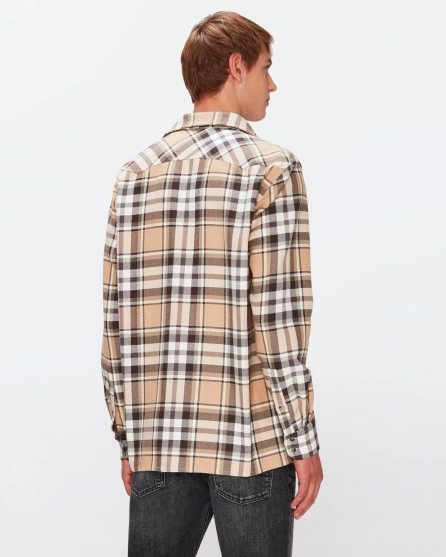 7 For All Mankind Men's Western Check Overshirt - Neutral Plaid Casual Shirt