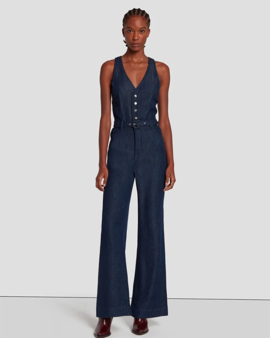 7 For All Mankind Women's Dark Rinse Denim Wide Leg Tailored Jumpsuit - Lustre Finish