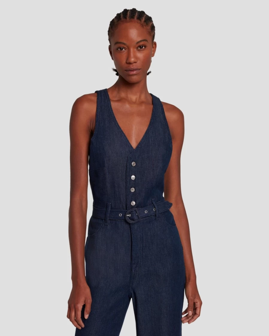 7 For All Mankind Women's Dark Rinse Denim Wide Leg Tailored Jumpsuit - Lustre Finish