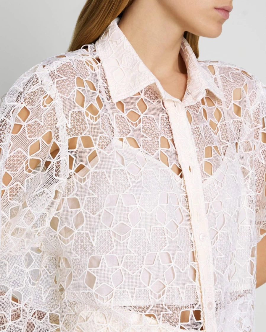 7 For All Mankind Women's Antique White Star Lace Button-Up Tunic Top