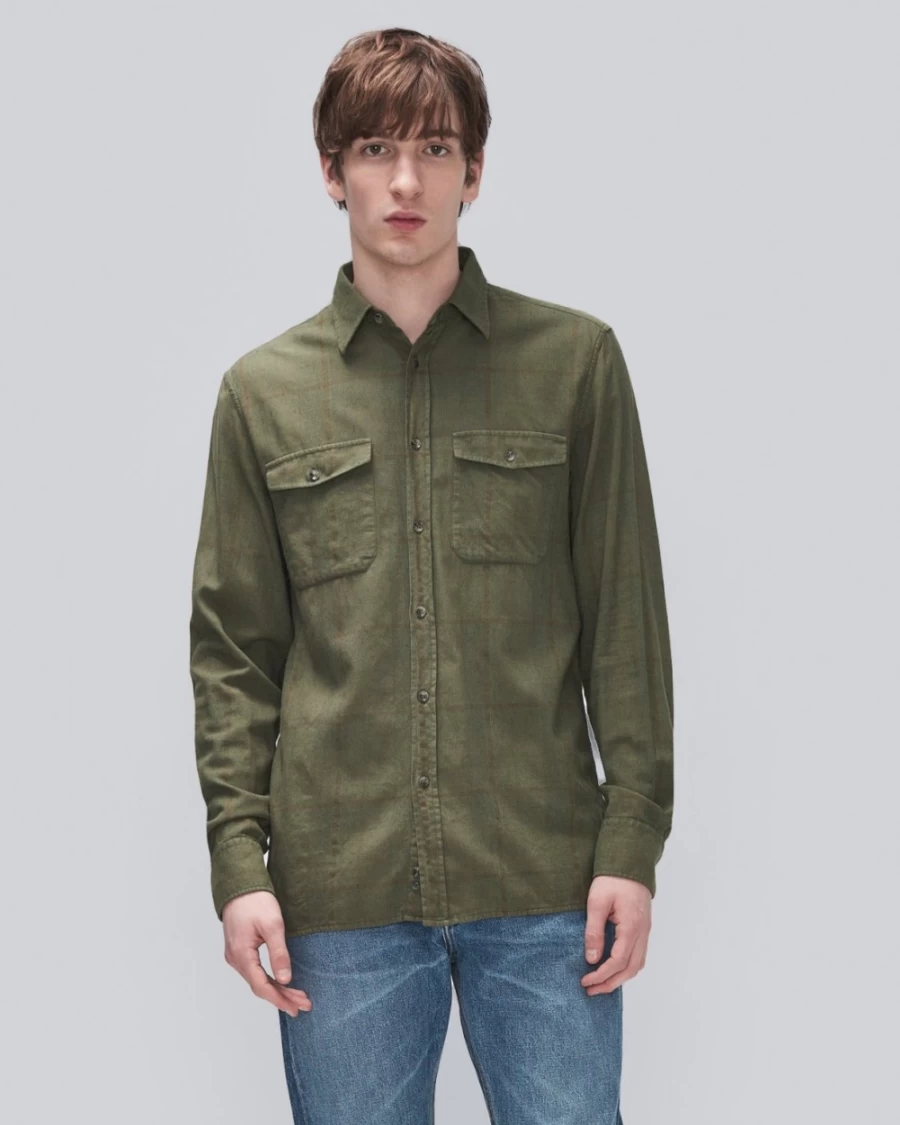 7 For All Mankind Men's Army Overdyed Checkered Shirt - Vintage Wash Casual Button-Up