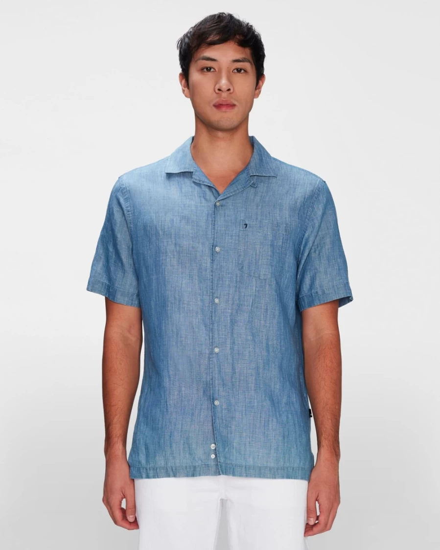 7 For All Mankind Men's Bleached Indigo Chambray Camp Shirt - Relaxed Fit Denim Top