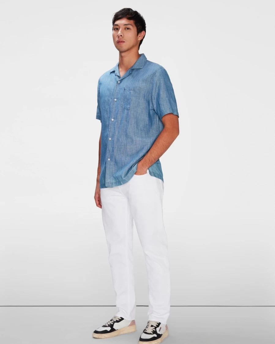 7 For All Mankind Men's Bleached Indigo Chambray Camp Shirt - Relaxed Fit Denim Top