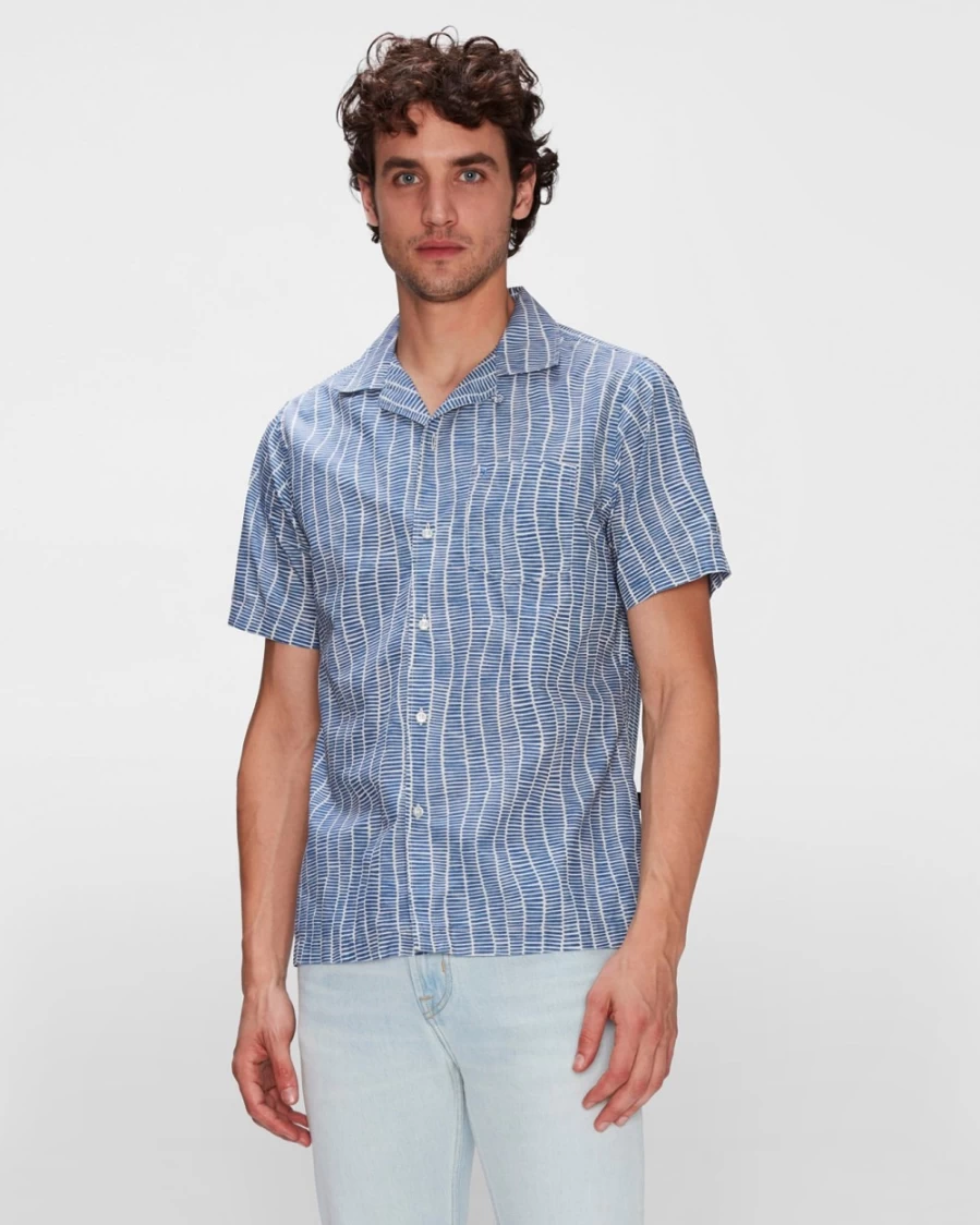 7 For All Mankind Men's Striped Scribble Print Camp Collar Shirt