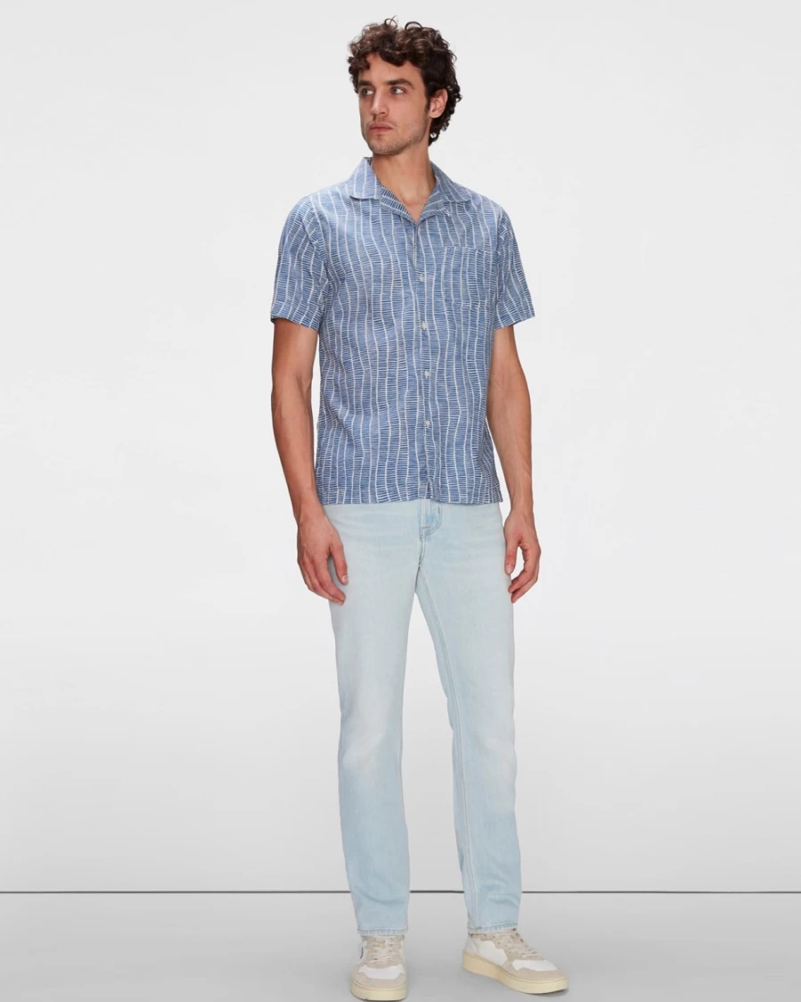 7 For All Mankind Men's Striped Scribble Print Camp Collar Shirt