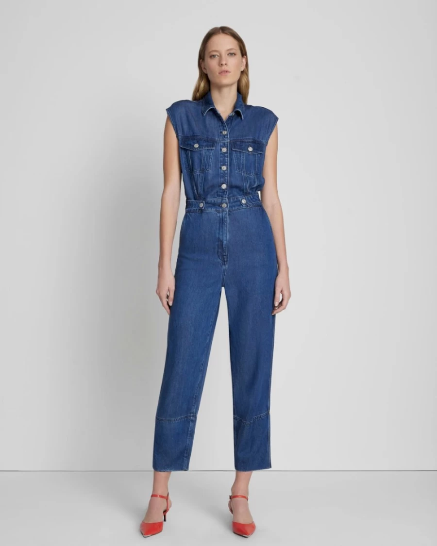 7 For All Mankind Women's Dark Indigo Denim Sleeveless Balloon Jumpsuit