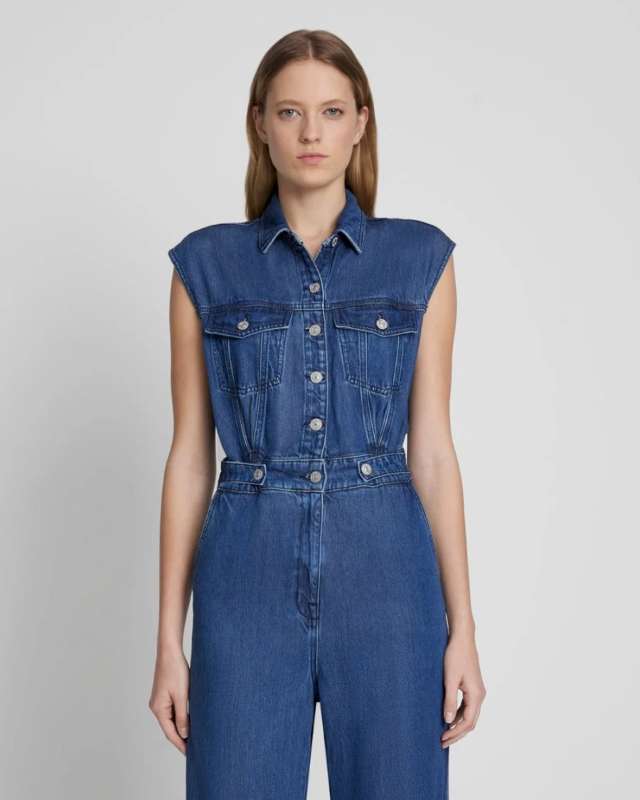 7 For All Mankind Women's Dark Indigo Denim Sleeveless Balloon Jumpsuit