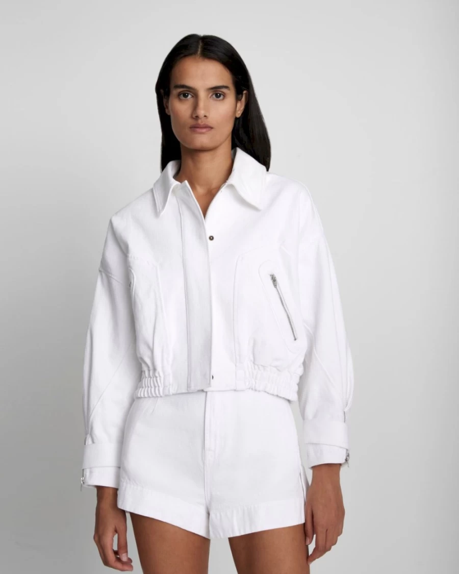 7 For All Mankind Women's White Cropped Bomber Jacket - Stylish Short Flight Jacket