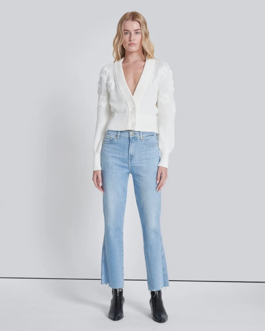 7 For All Mankind Women's Ivory Floral Cardigan - Soft Knit Open Front Sweater