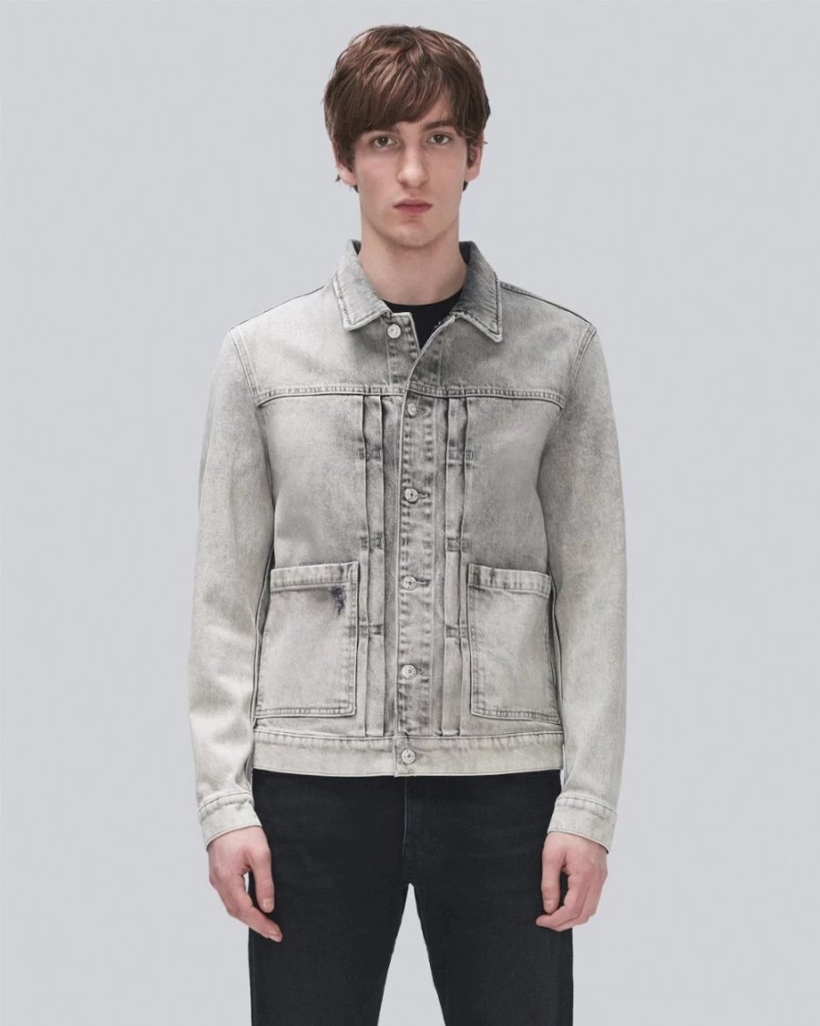 7 For All Mankind Men's Fog Grey Pleated Trucker Jacket