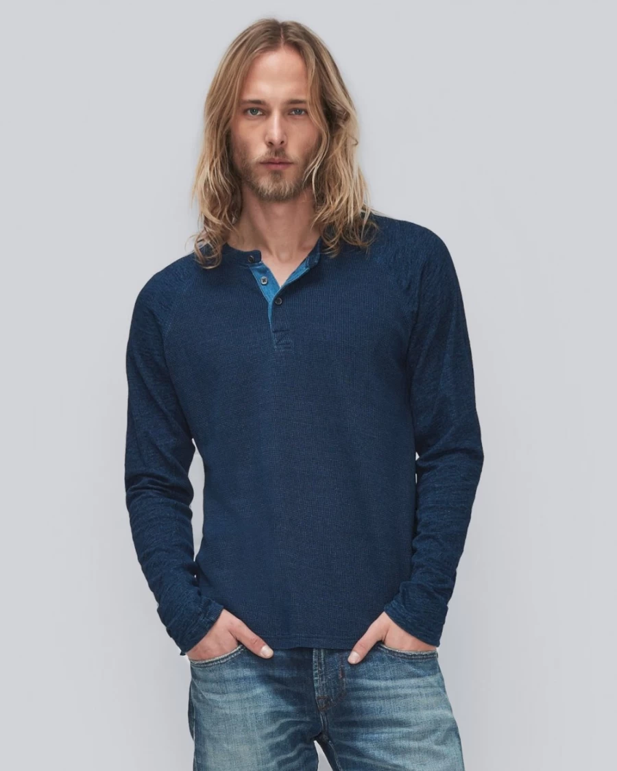 7 For All Mankind Men's Indigo Yarn Henley Shirt