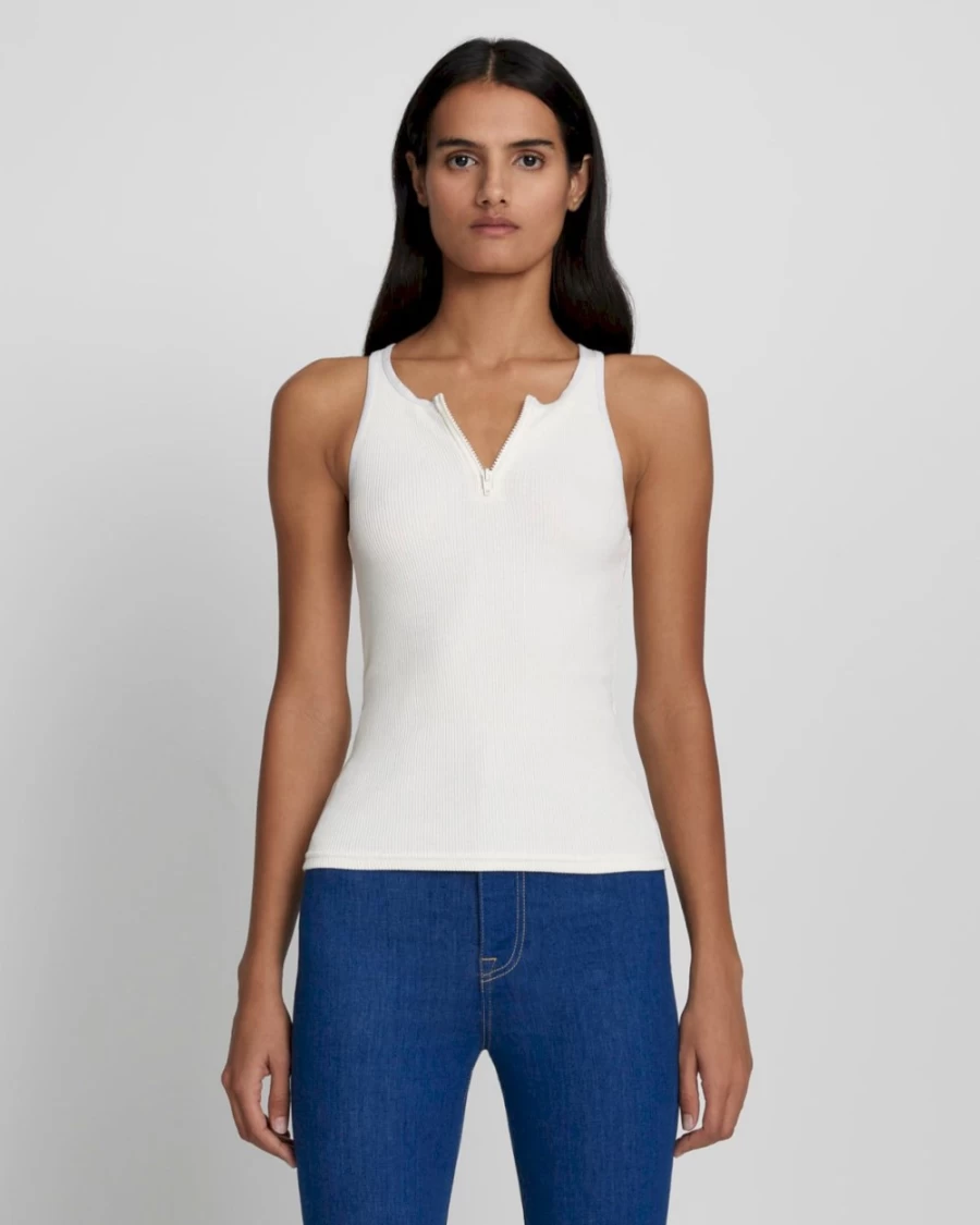 7 For All Mankind Women's Antique White Quarter Zip Ribbed Tank Top