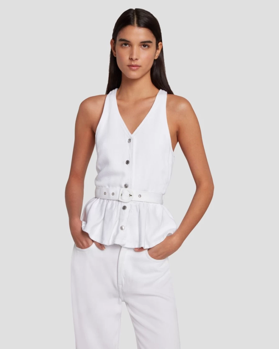 7 For All Mankind Women's Brilliant White Denim Tailored Vest - Slim Fit Luxe Design