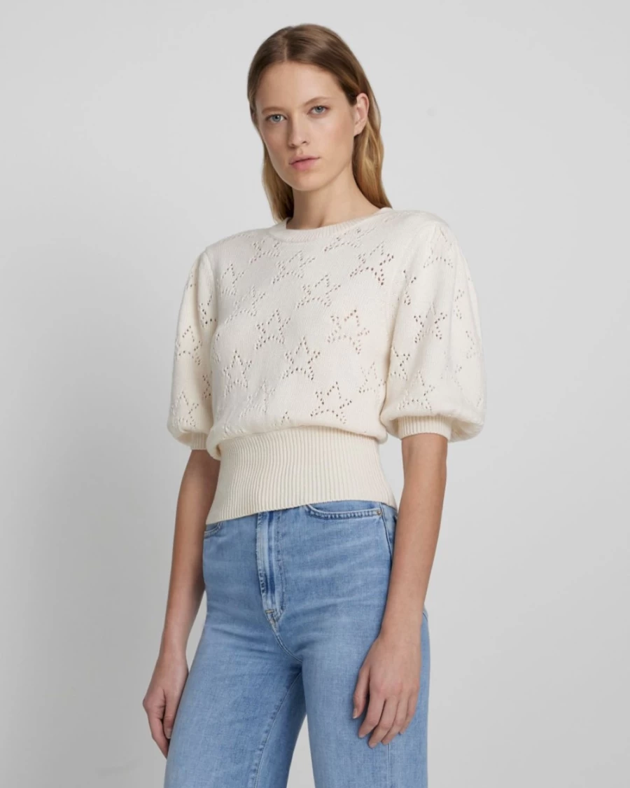 7 For All Mankind Women's Antique White Puff Sleeve Pointelle Knit Sweater