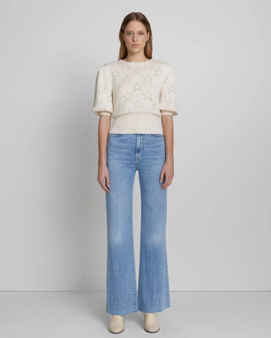 7 For All Mankind Women's Antique White Puff Sleeve Pointelle Knit Sweater