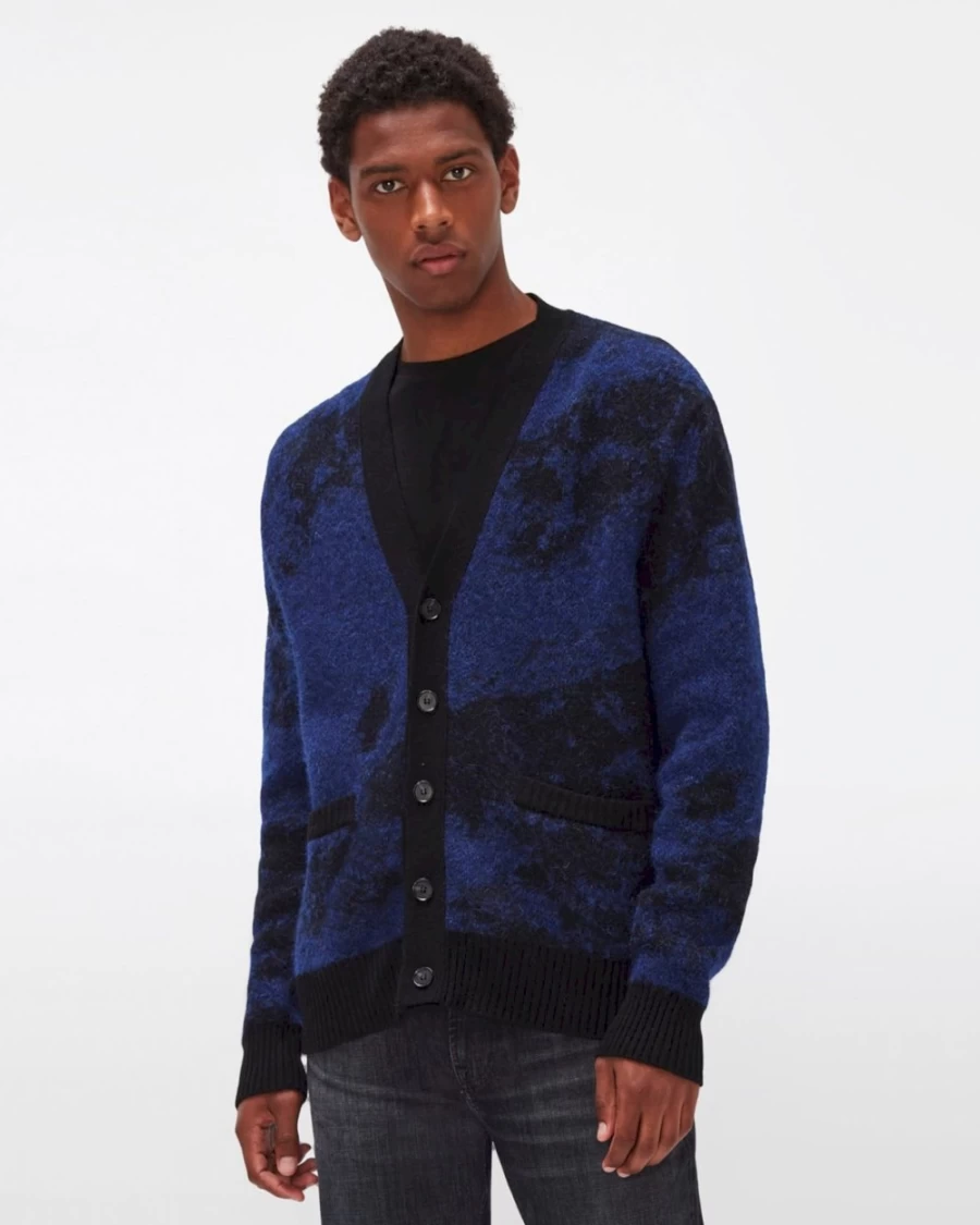 7 For All Mankind Men's Electric Blue & Black Mohair Cardigan Sweater