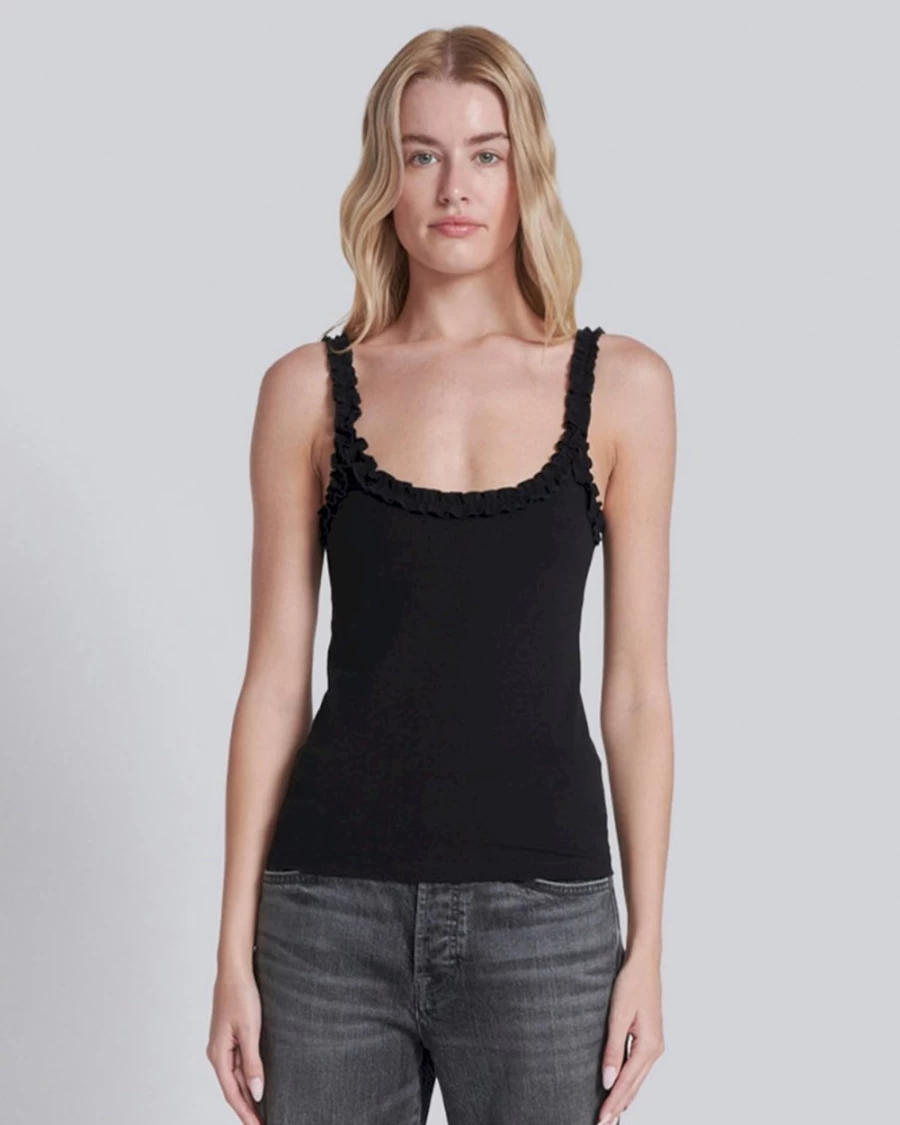 7 For All Mankind Women's Ruffle Trim Tank Top - Jet Black Stylish Blouse