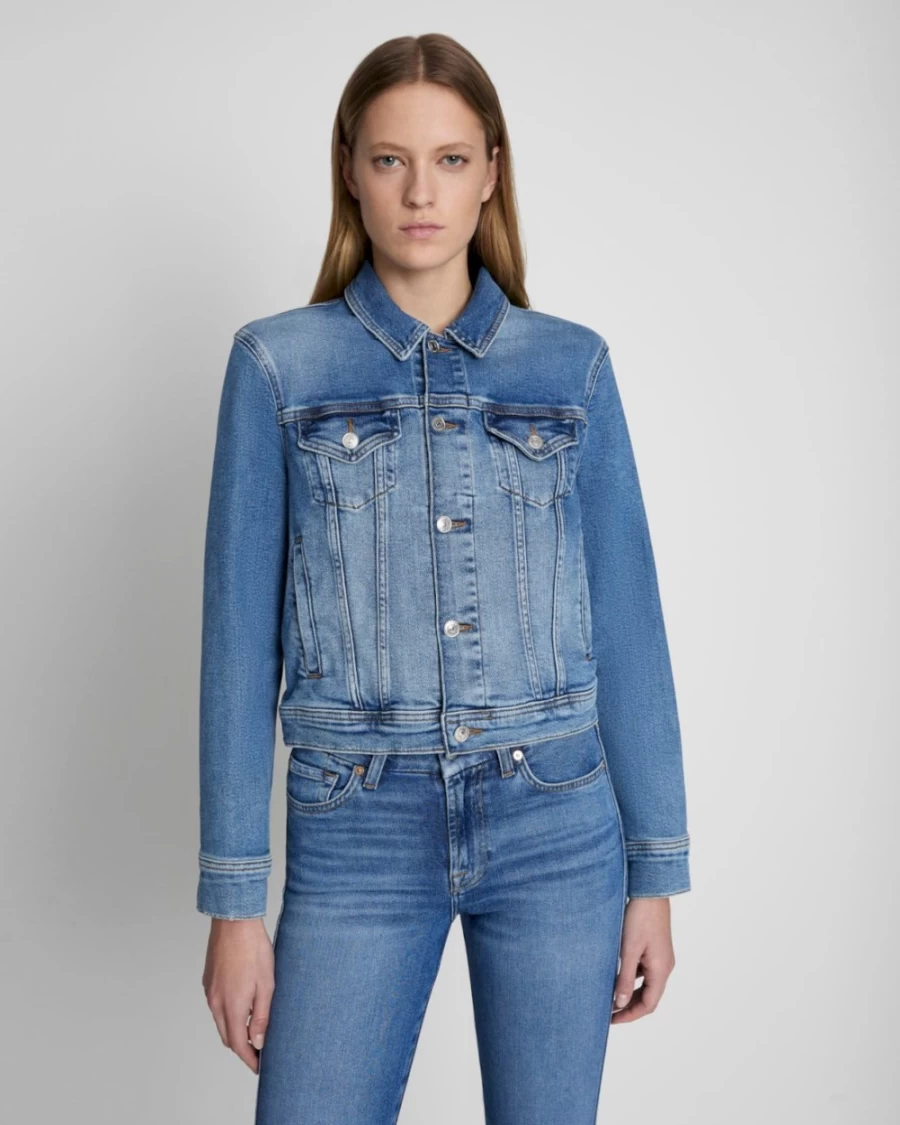 7 For All Mankind Women's Classic Lyme Trucker Jacket - Vintage Denim Jacket for Women