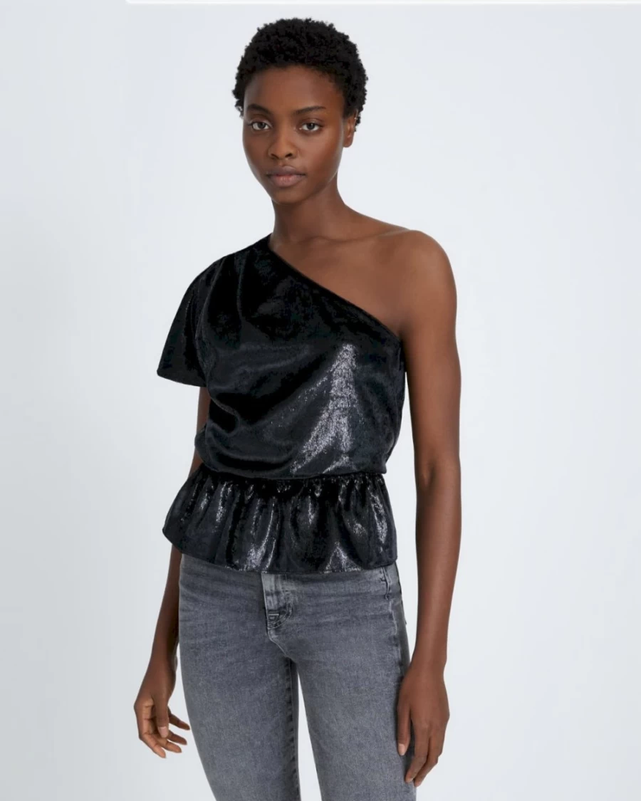 7 For All Mankind Women's Black Shiny One Shoulder Ruffle Blouse