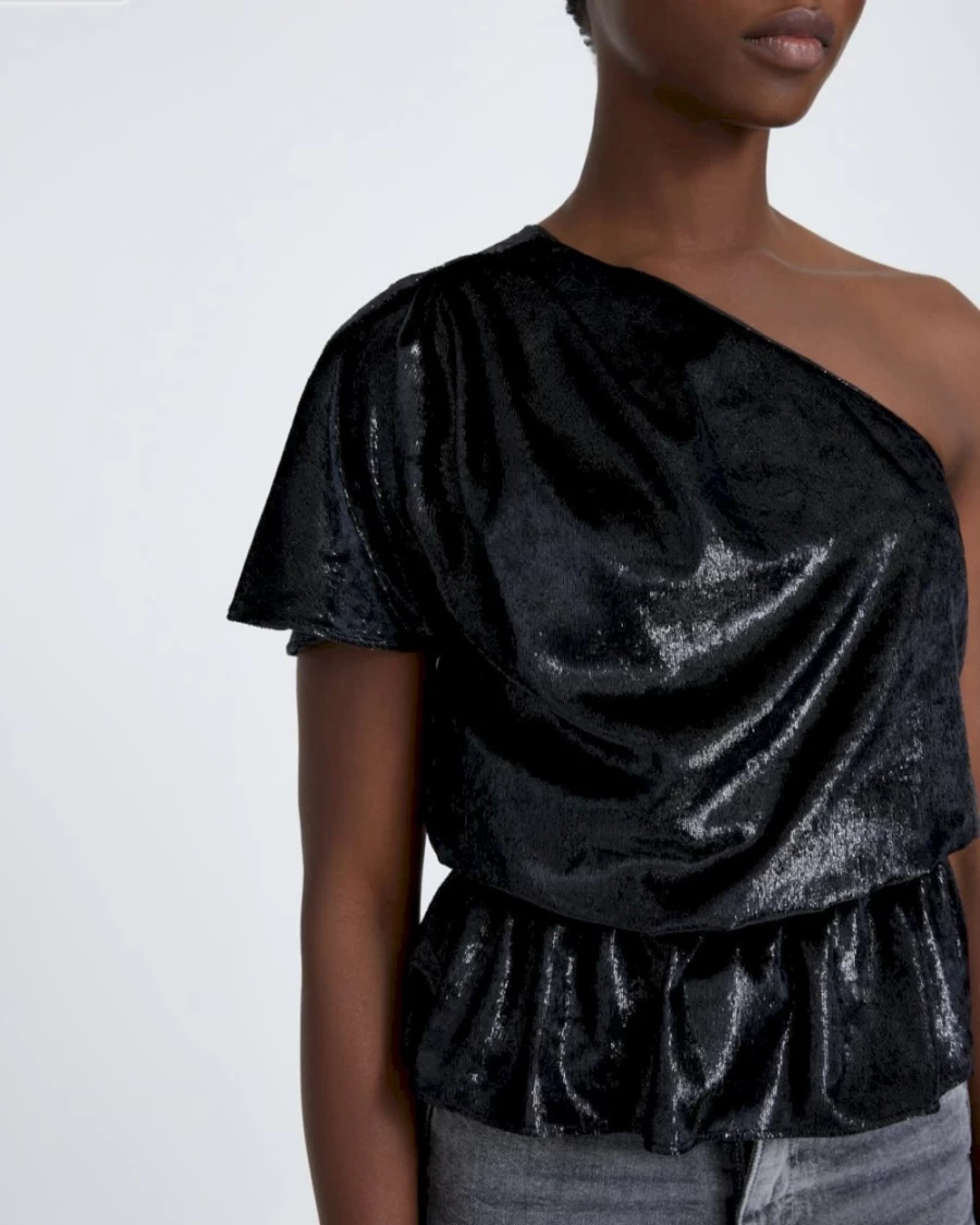 7 For All Mankind Women's Black Shiny One Shoulder Ruffle Blouse