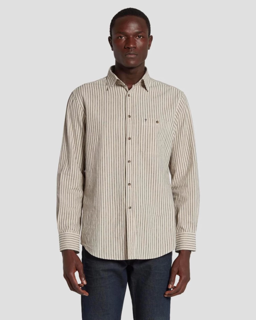 7 For All Mankind Men's Ecru Stripe One Pocket Button-Up Shirt