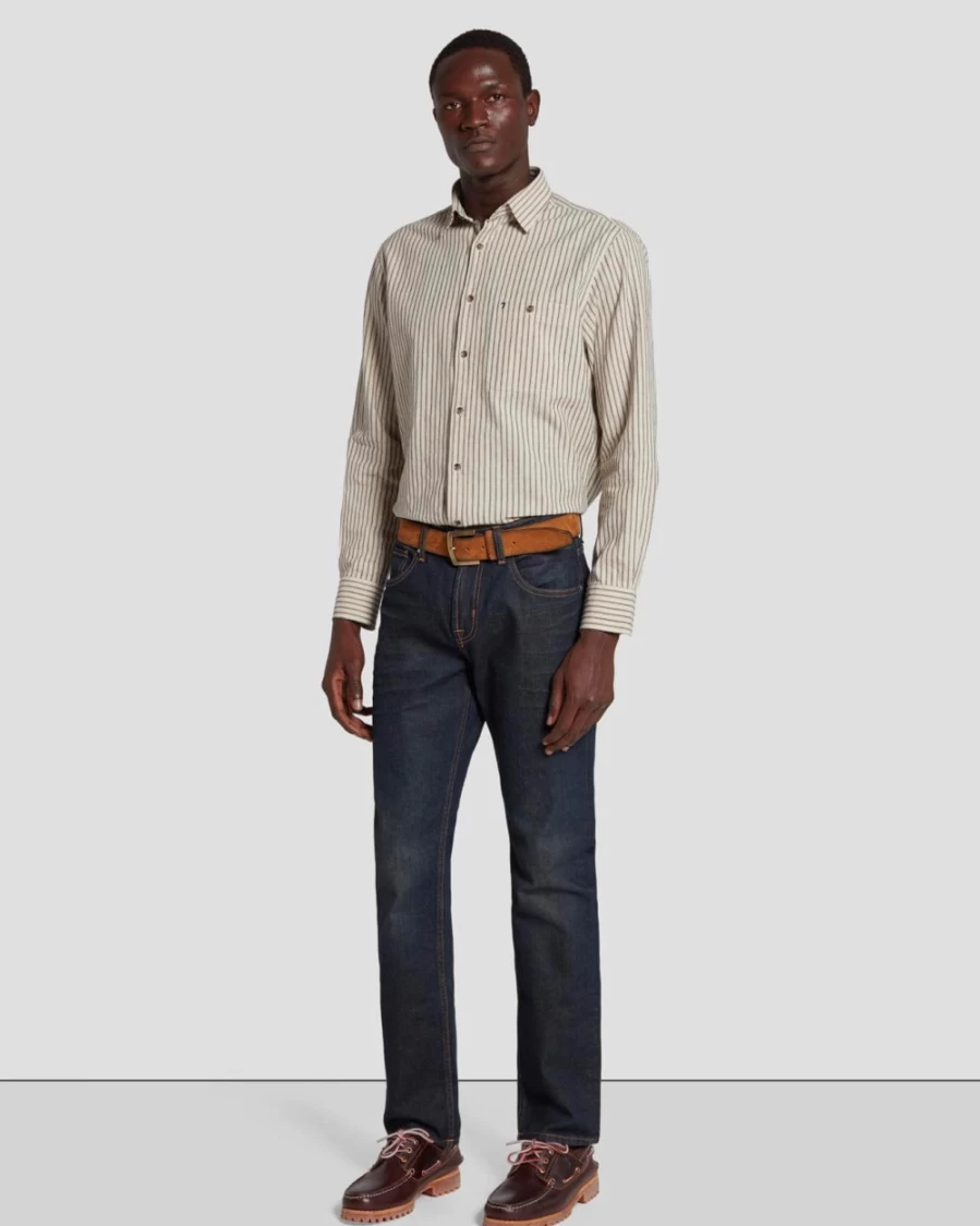 7 For All Mankind Men's Ecru Stripe One Pocket Button-Up Shirt