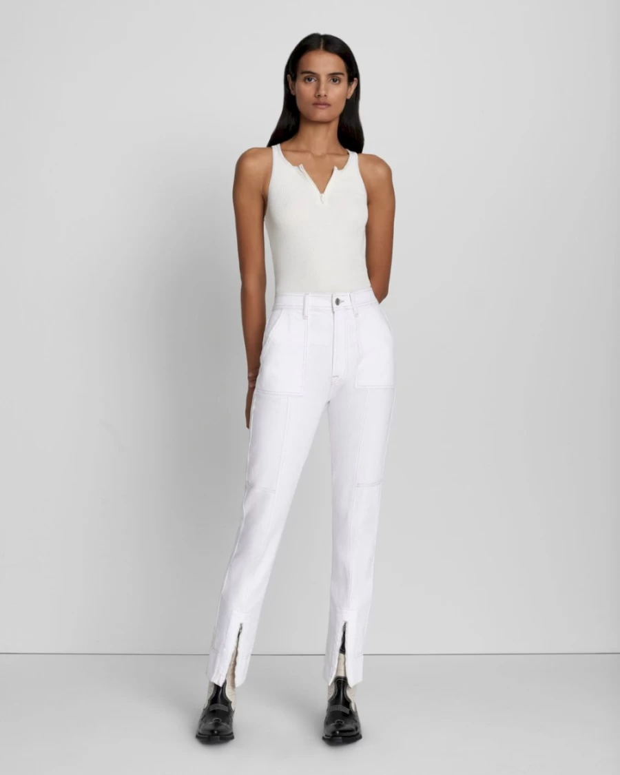 7 For All Mankind Women's Easy Slim Cargo Jeans in Brilliant White - High Waisted Stretch Denim Pants