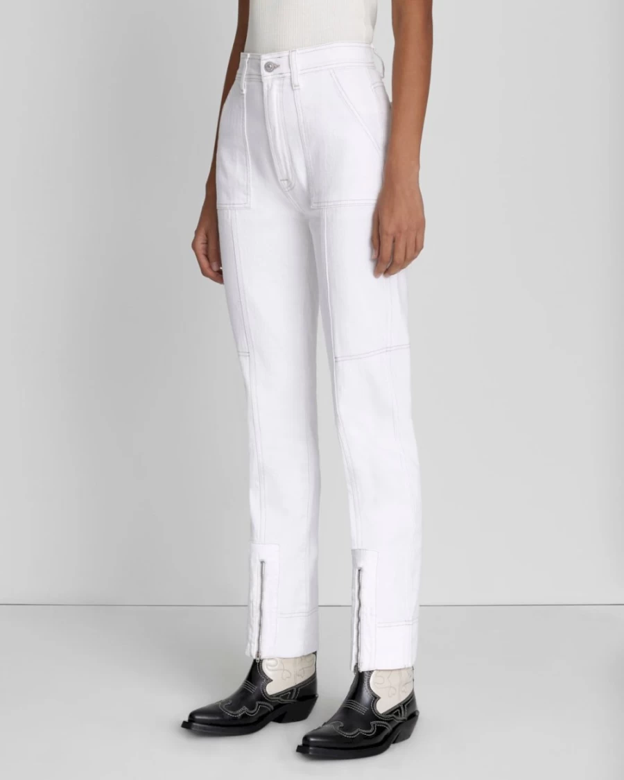 7 For All Mankind Women's Easy Slim Cargo Jeans in Brilliant White - High Waisted Stretch Denim Pants
