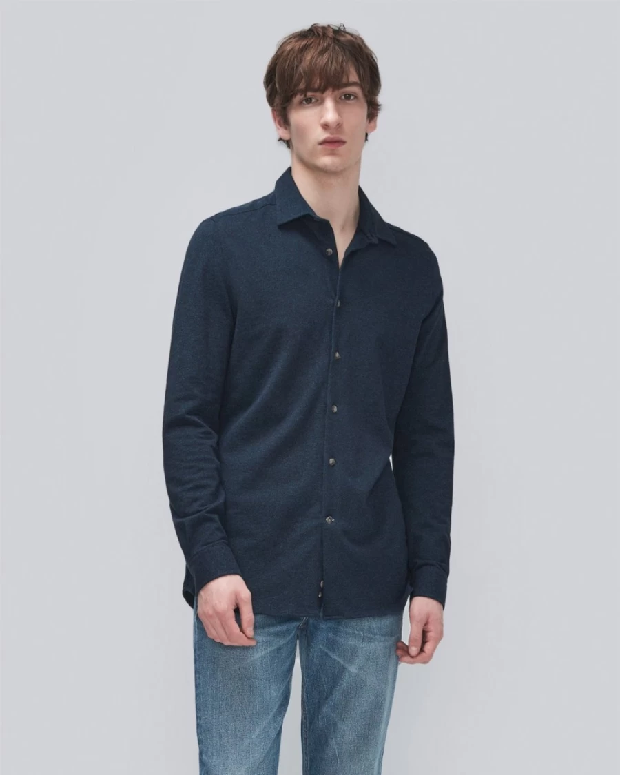 7 For All Mankind Men's Navy Pique Knit Button-Down Shirt