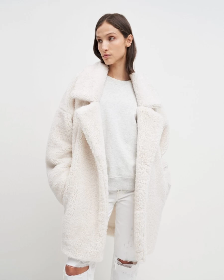 7 For All Mankind Women's Ivory Shearling Cozy Winter Coat