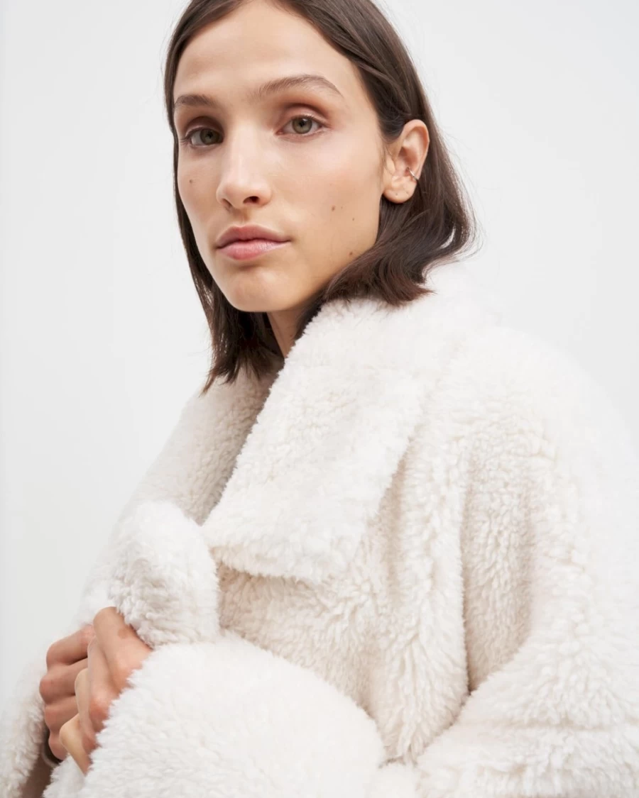 7 For All Mankind Women's Ivory Shearling Cozy Winter Coat