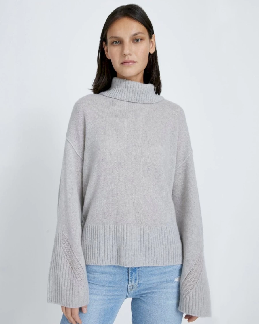 7 For All Mankind Women's Light Heather Grey Cozy Turtleneck Sweater