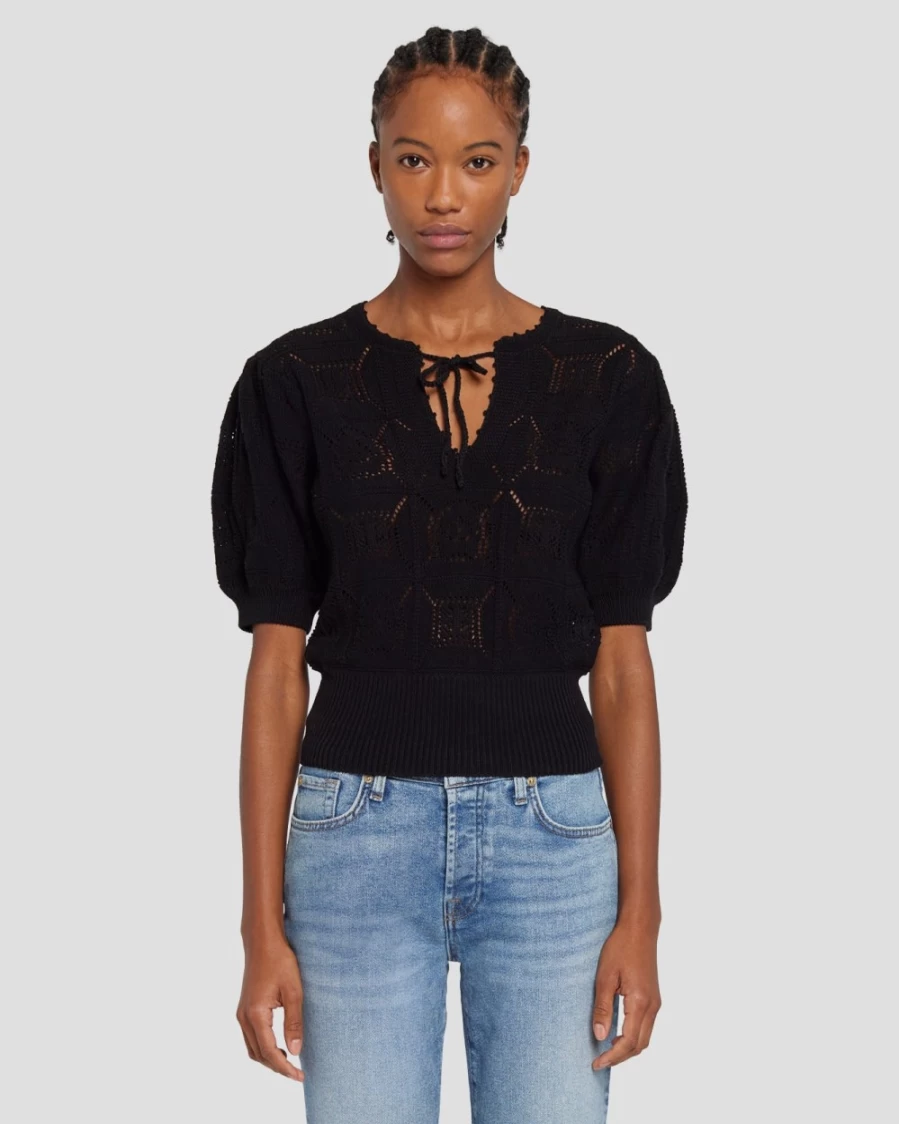 7 For All Mankind Women's Black Crochet Short Sleeve Sweater