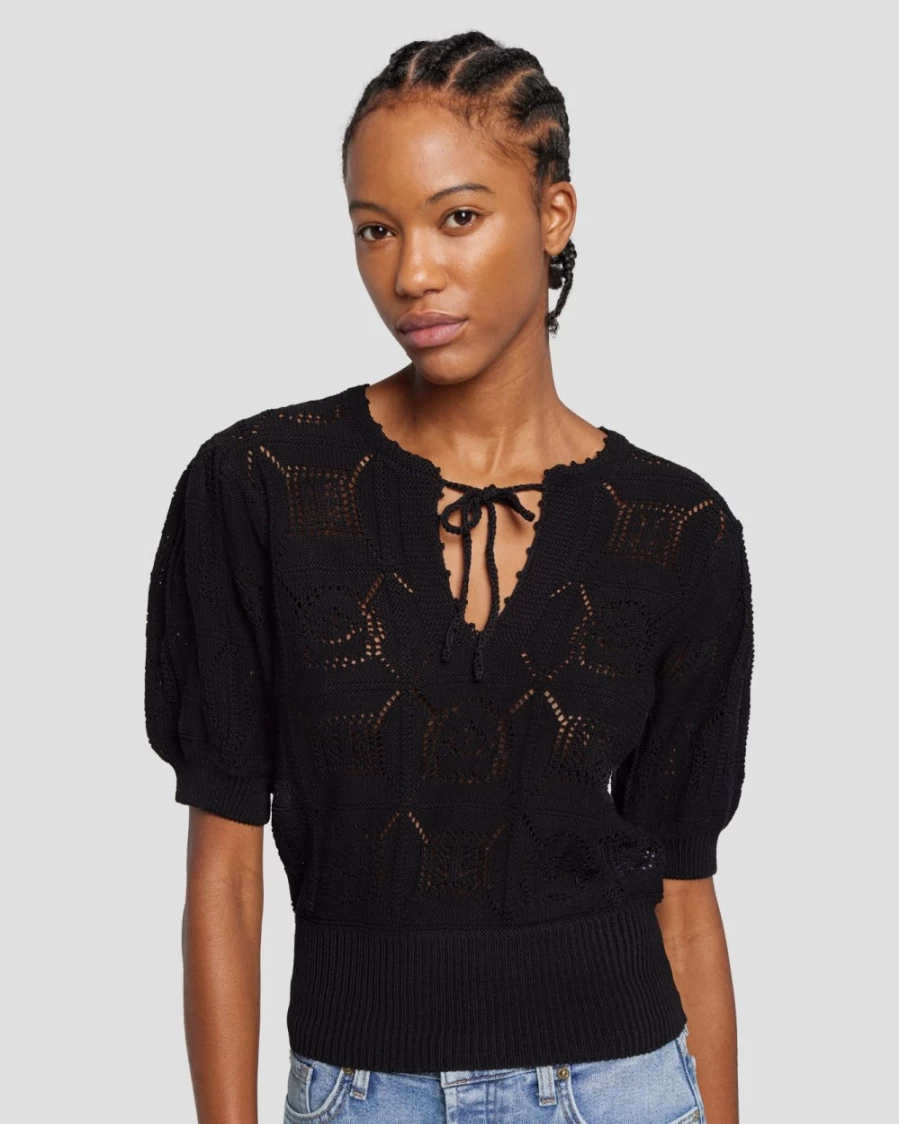 7 For All Mankind Women's Black Crochet Short Sleeve Sweater