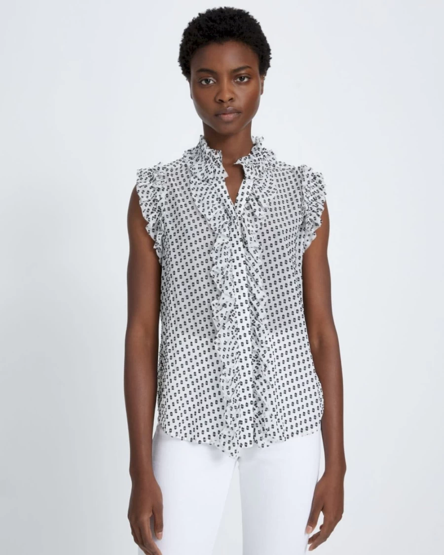 7 For All Mankind Women's Ivory Dot Sleeveless Silk Ruffle Blouse
