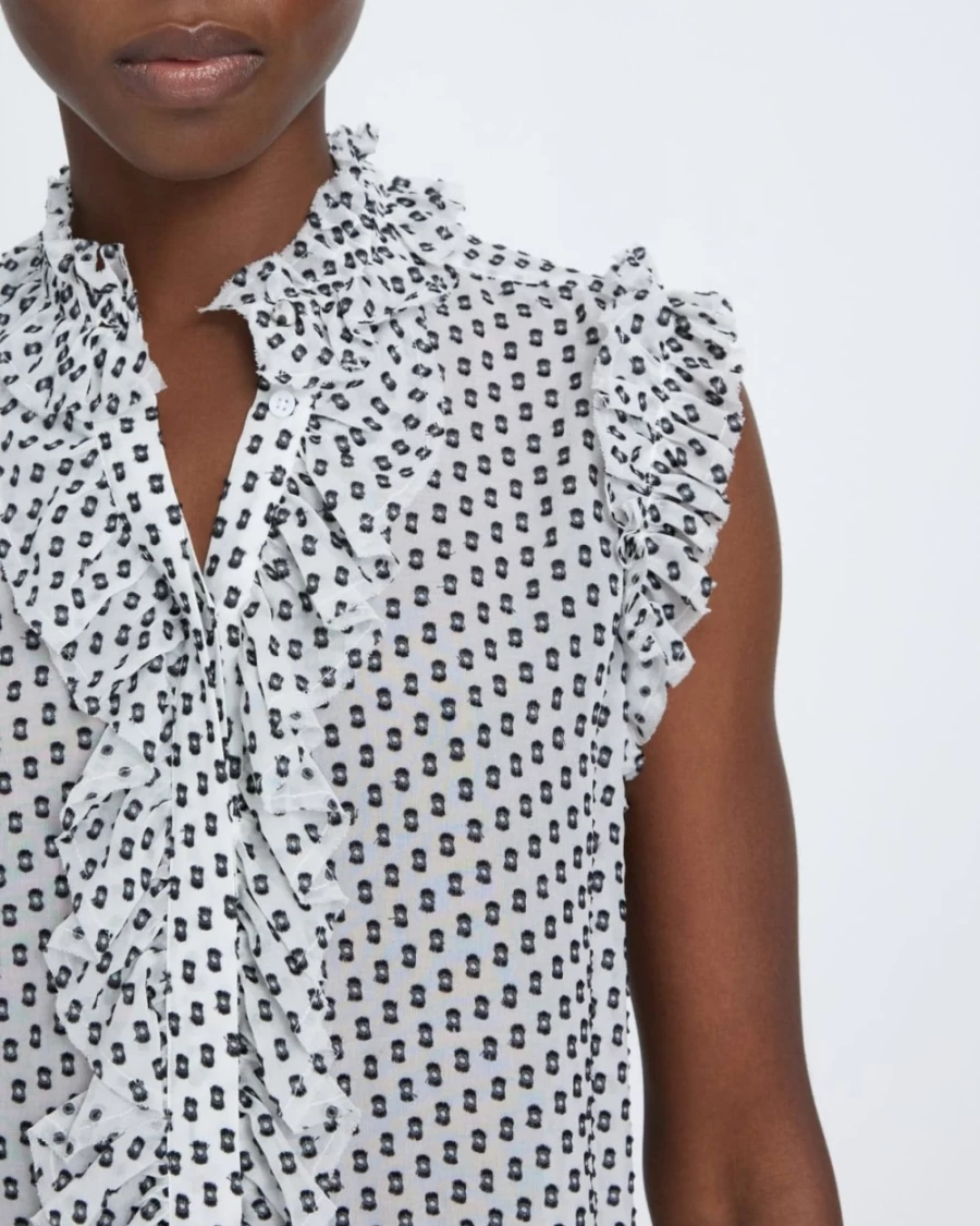 7 For All Mankind Women's Ivory Dot Sleeveless Silk Ruffle Blouse