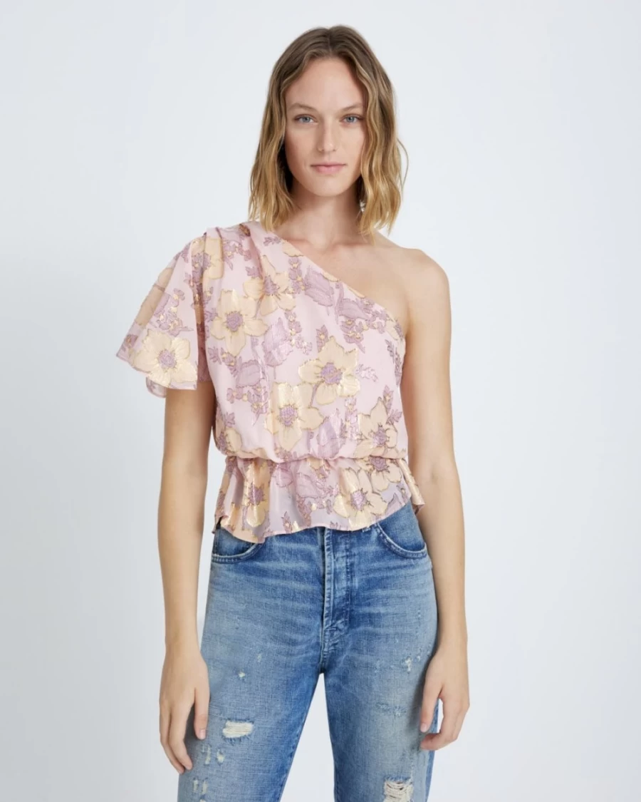7 For All Mankind Women's Blush One Shoulder Silk Blouse with Ruffle Detail